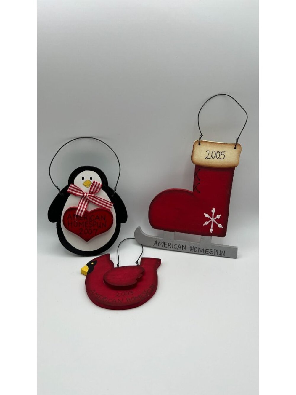American Homespun Wooden Christmas Ornaments Set Of 3 - Penguin Cardinal & Skate